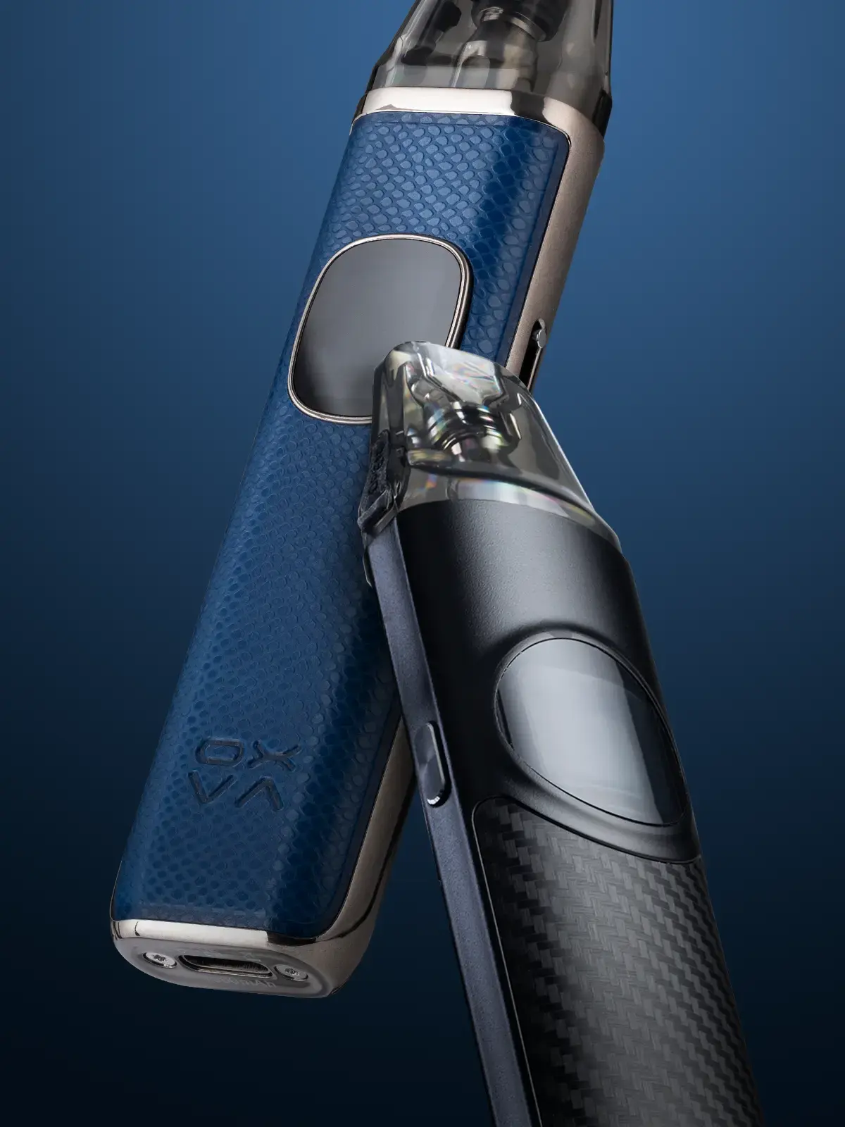 OXVA NeXlim & Xlim Pro 2 devices, slightly zoomed in floating together in front of a gradient blue background.