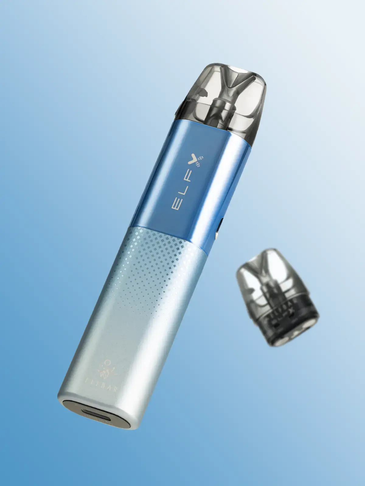 A blue Elf Bar Elfx device and a single pod floating behind it, in front of a light blue background
