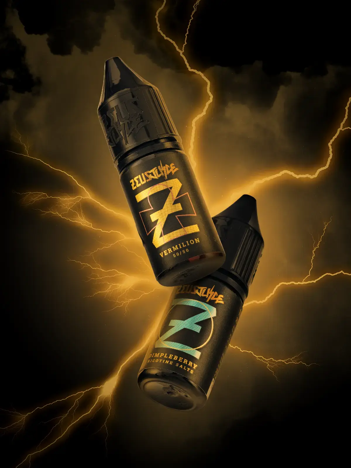 Two bottles of Zeus Juice; Vermilion and Dimpleberry flavours, floating in front of a stylised scene featuring orange yellow lightning amongst storm clouds