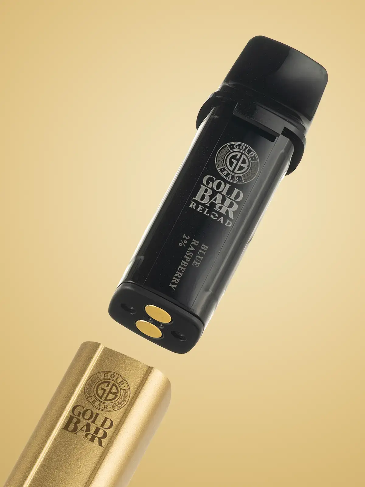 A Gold Bar Reload vape showing its pod coming out from the top