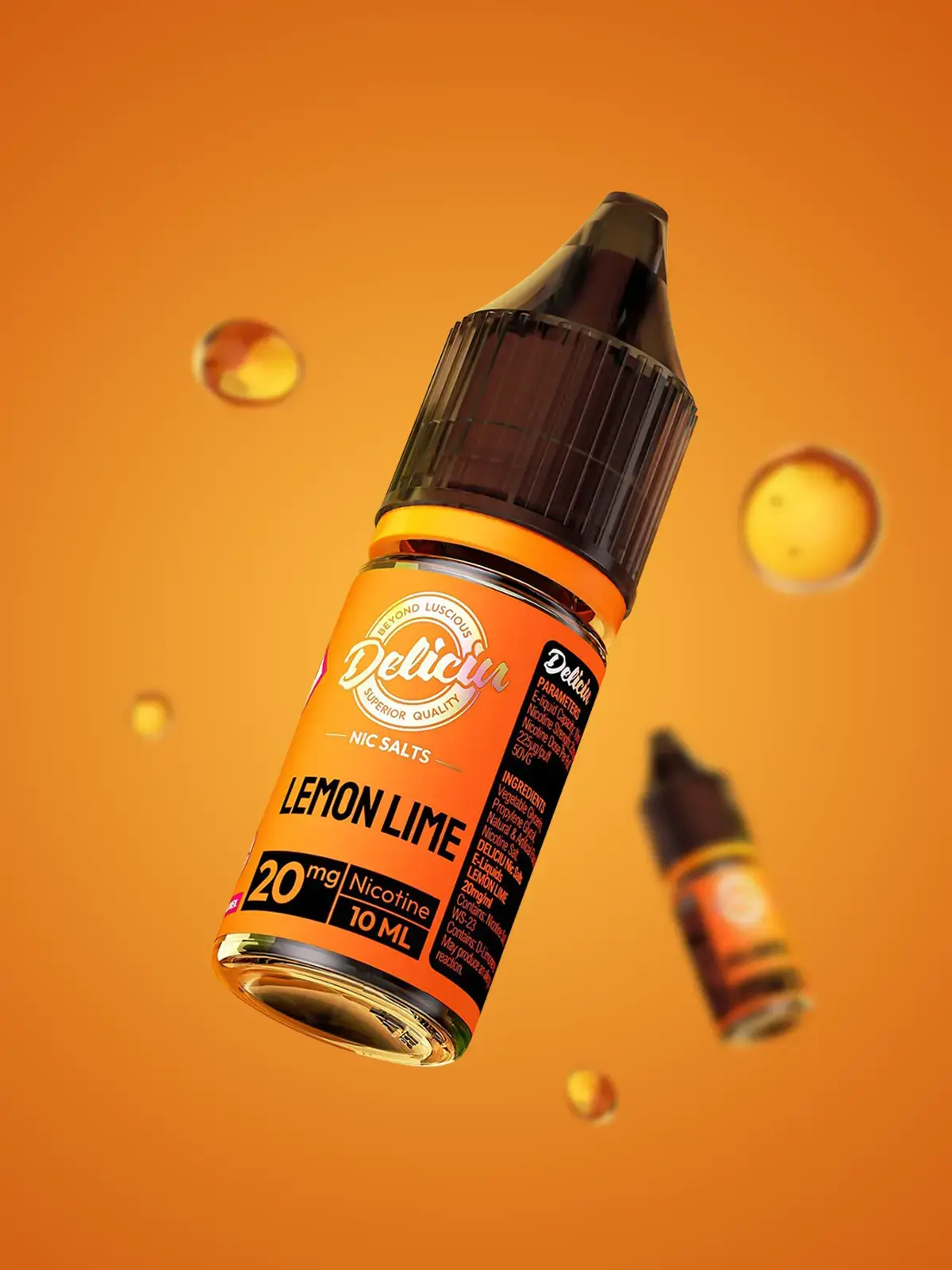 A floating bottle of Lemon Lime Deliciu nic salts e-liquid by Vaporesso floating in front of an orange background with liquid droplets