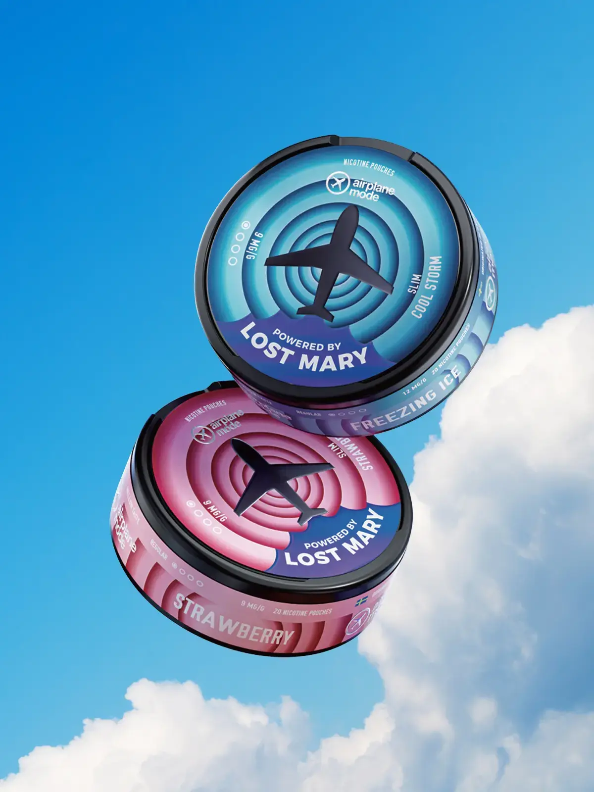 Two tins of Lost Mary Airplane Mode nic pouches in Cool Storm and Strawberry flavours, floating in front of a blue sky background featuring clouds