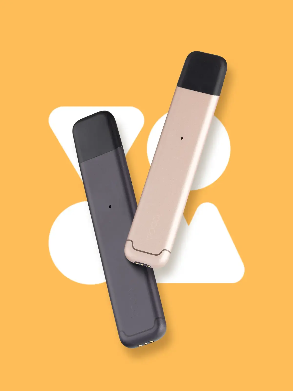 Two Voom devices in Grey and Gold in front of a yellow background featuring the Voom logo