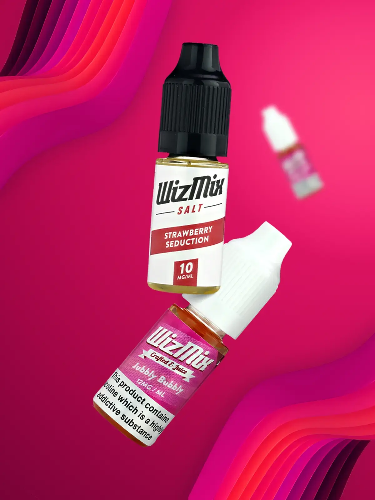 Two bottles of WizMix e-liquid; Strawberry Seduction and Jubbly Bubbly flavours floating in front of a stylised hot pink and purple background