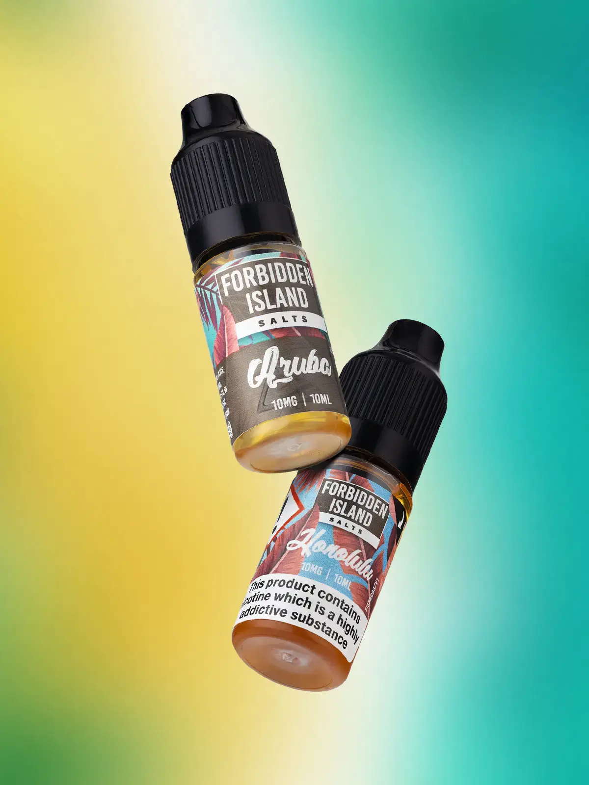 Two bottles of Forbidden Island salts e-liquid; Aruba and Honolulu flavours floating in front of a yellow and turquoise background