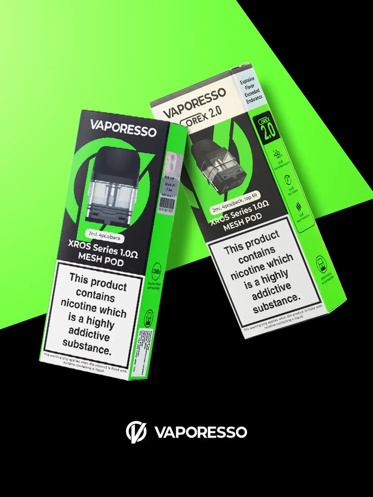 Two boxes of 1.0ohm Mesh Vaporesso XROS series pods floating in front of a stylised green and black background featuring the Vaporesso logo