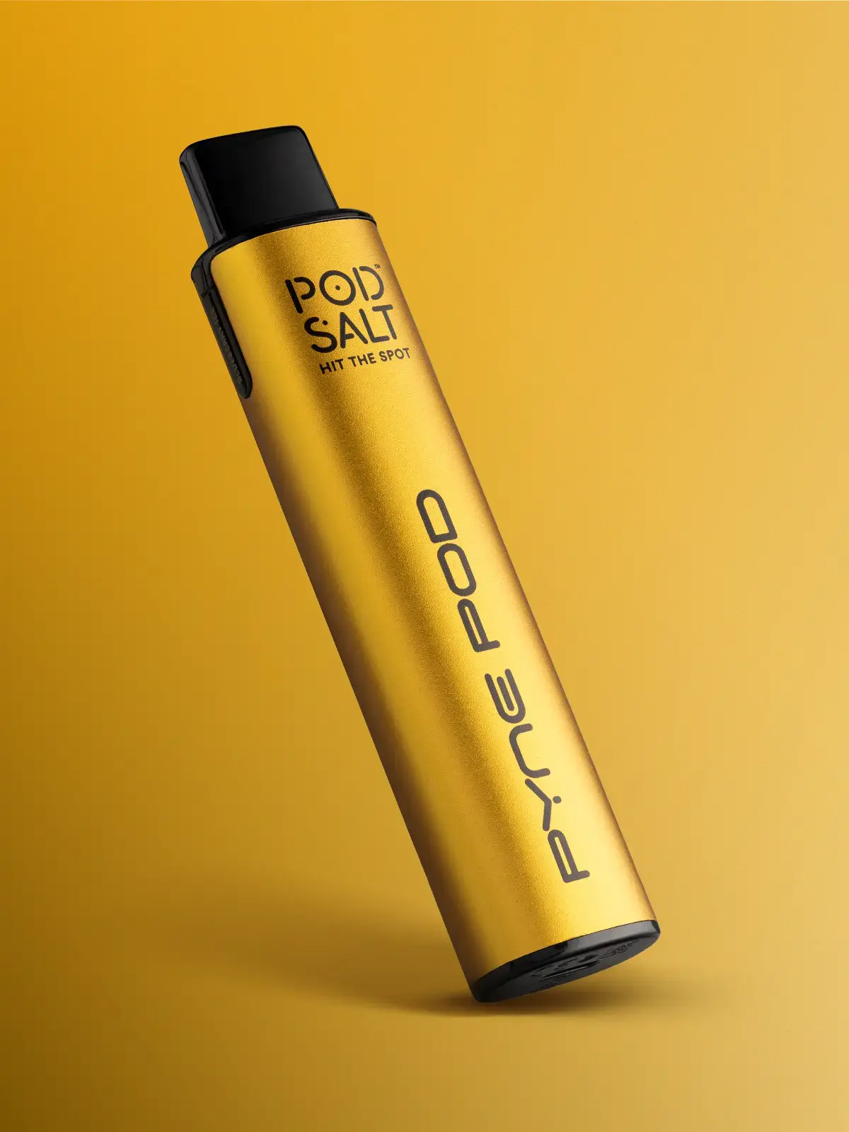 Pod Salt Pyne Pod 2-in-1 kit in Mango Edition, leaning in front of a golden-yellow background