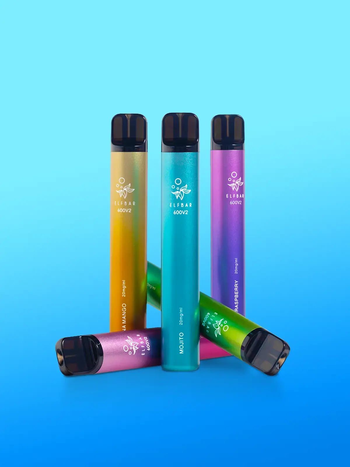 A selection of Elf Bar 600V2 disposable vapes in front of a light blue background