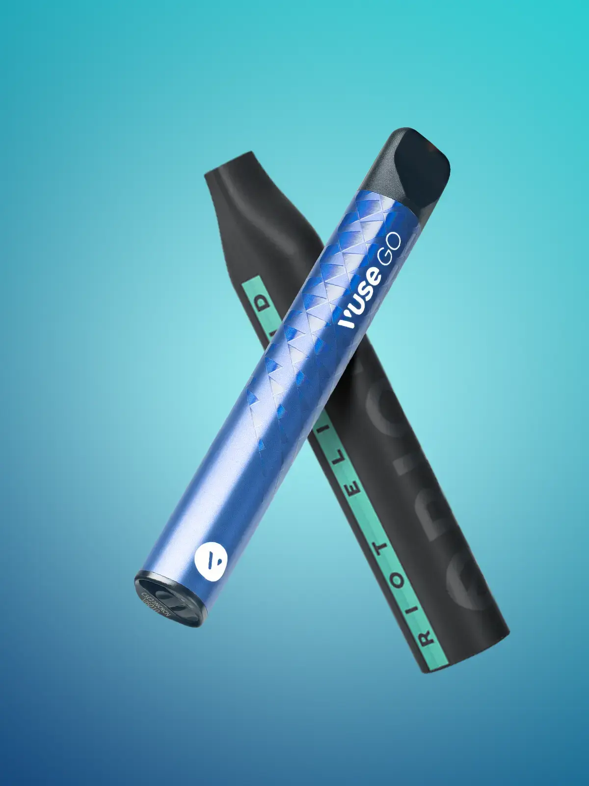 A Vuse GO disposable and a RIOT Bar disposable floating in front of a gradient background of light and dark blue