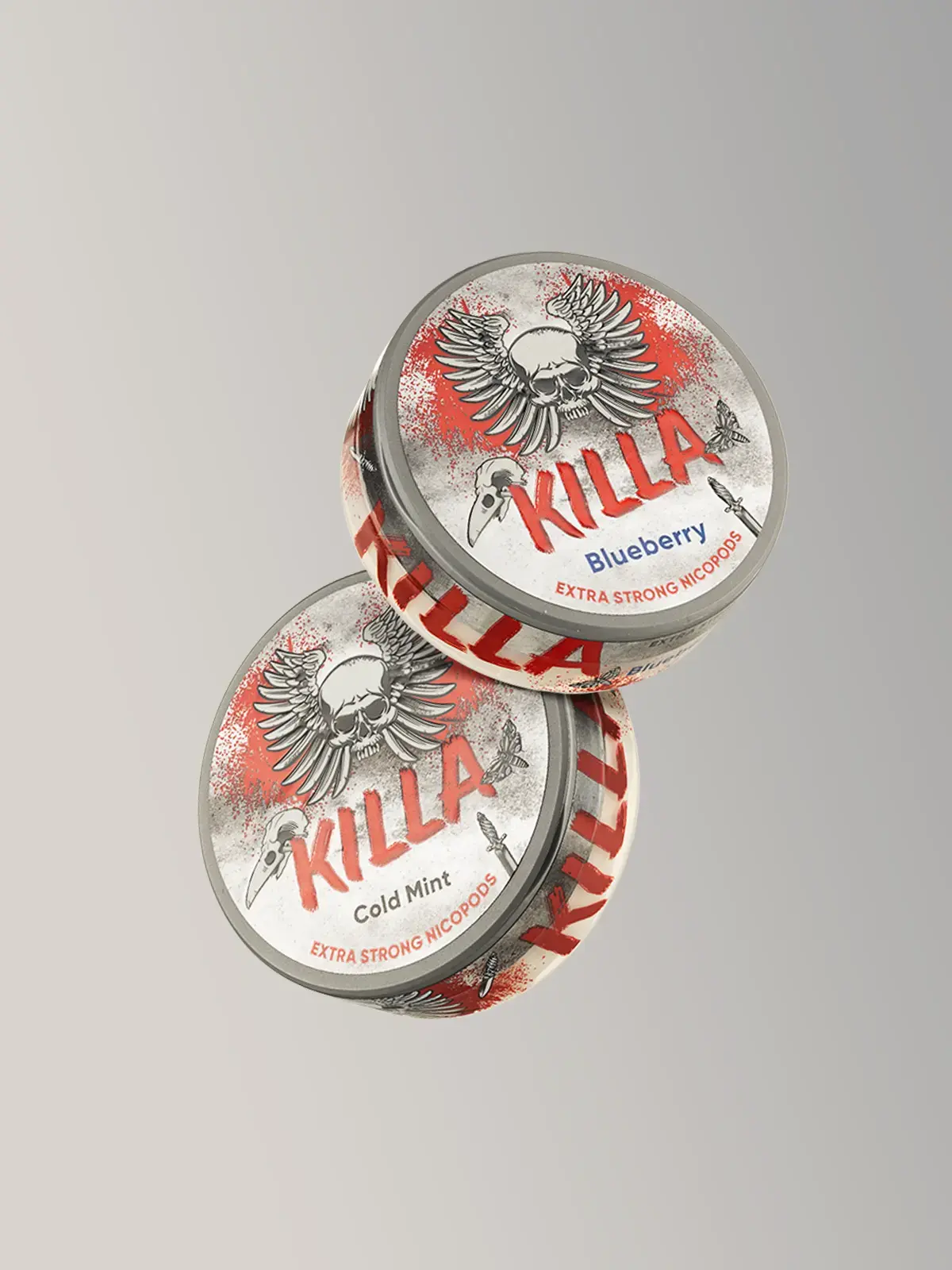Two cans of Killa nicotine pouches; Blueberry and Cold Mint flavours floating in front of a light grey background