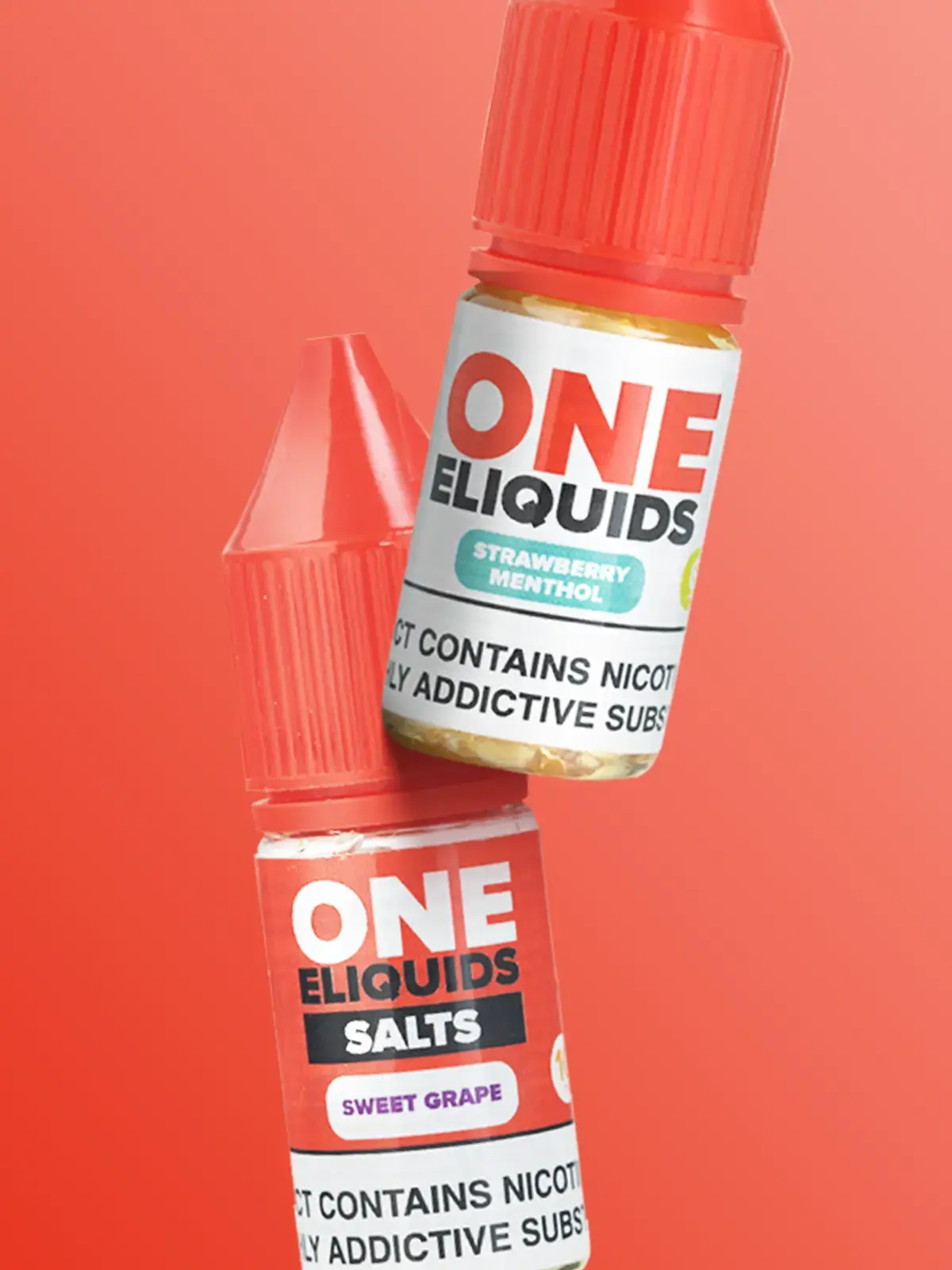 Two bottles of One E-liquids e-liquid; Strawberry Menthol and Sweet Grape flavours. Floating in front of a red background