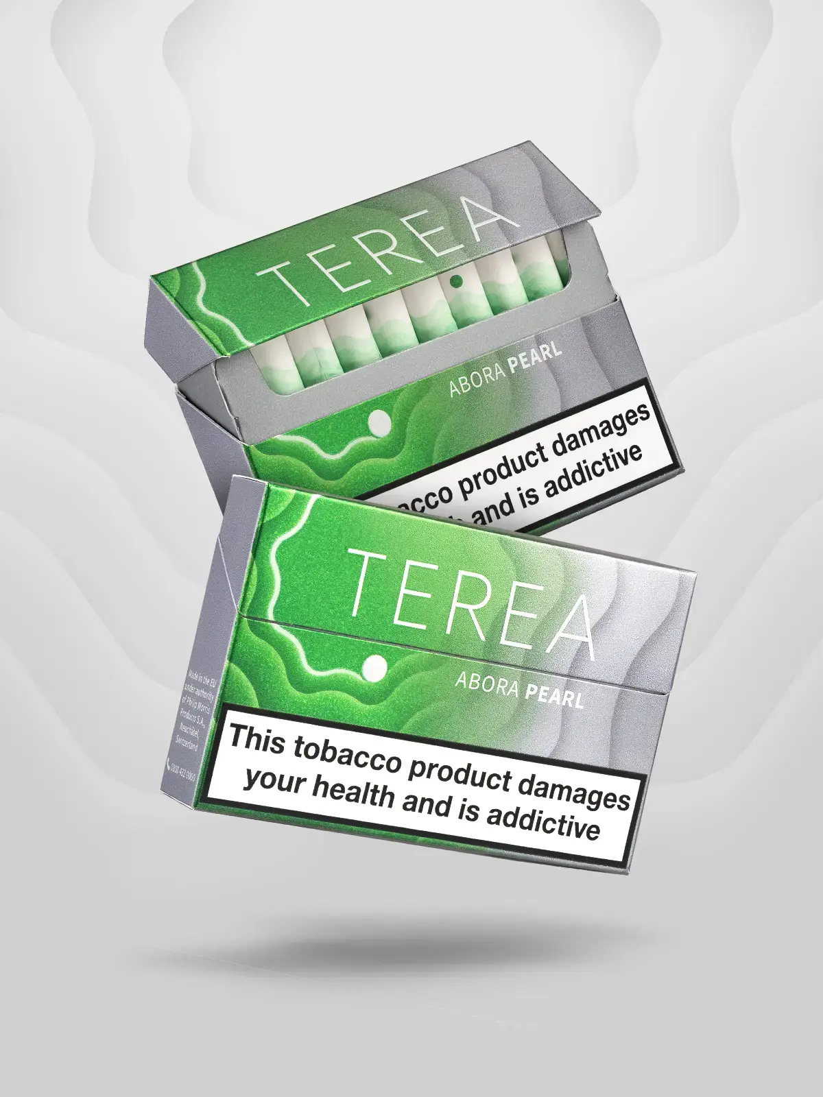 Two packs of IQOS TEREA in Abora Pearl flavour, floating in front of a stylised light background.