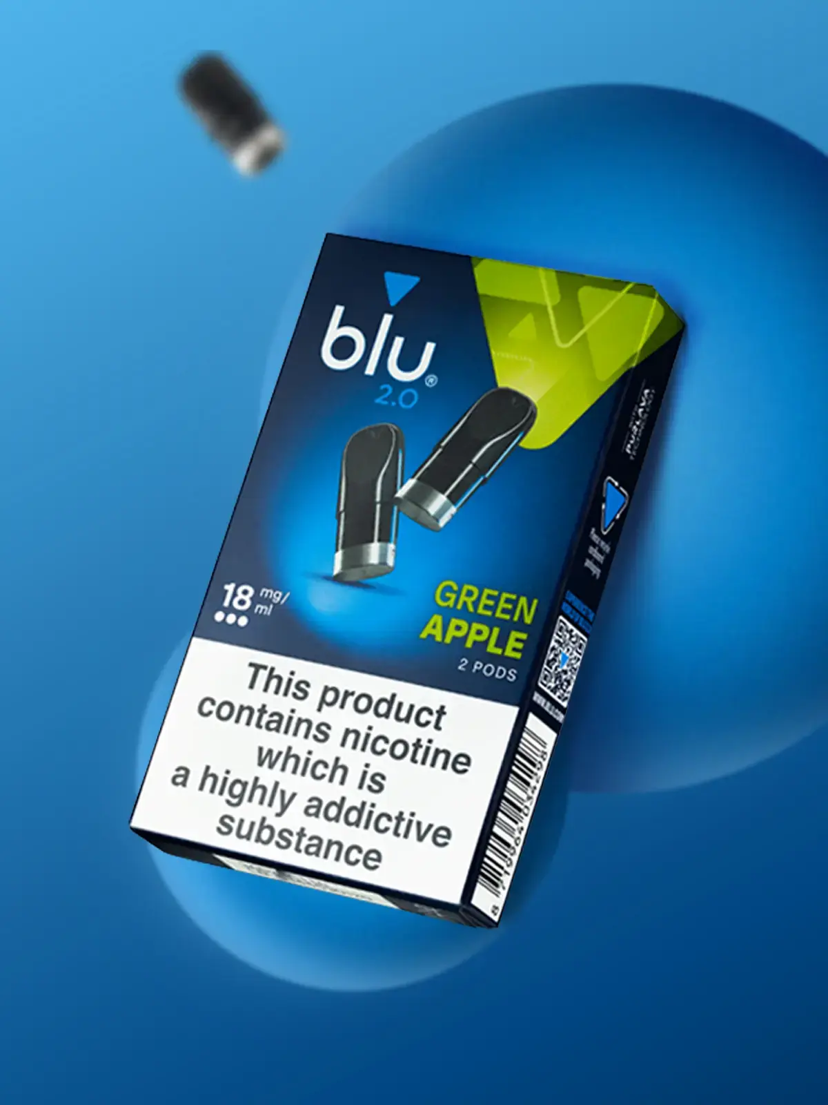 A pack of 18mg/ml blu 2.0 pods in Green Apple flavour floating in front of a stylised blue background