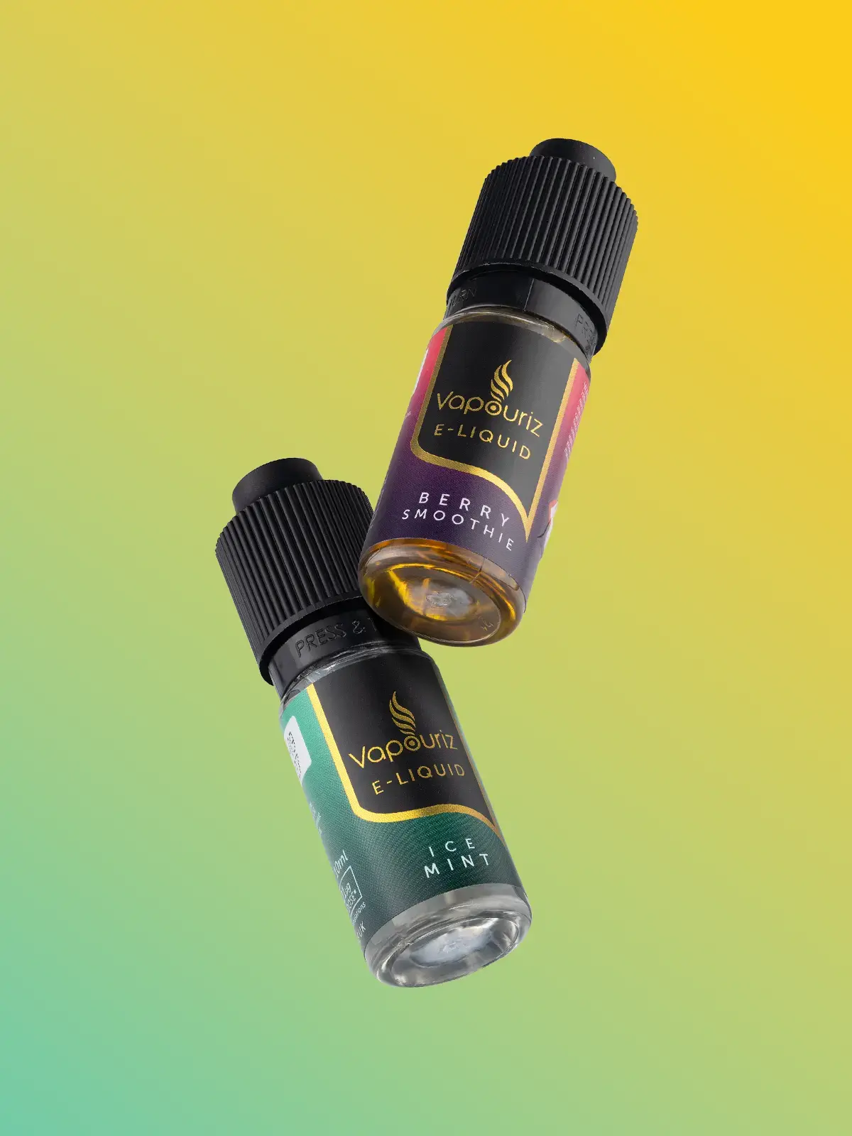 Two bottles of Vapouriz e-liquid including Ice Mint and Berry Smoothie, floating in front of a yellow and green background
